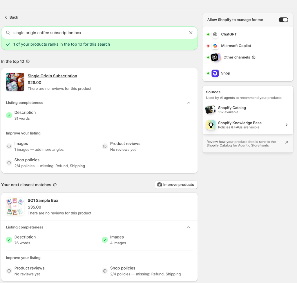 Shopify Catalog Search Queries and Listing Auditing